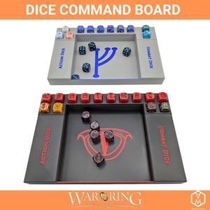 May include: Two dice command boards are shown. The top board is gray with blue accents and dice. The bottom board is black with red accents and dice. The text "DICE COMMAND BOARD" is at the top.