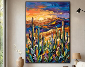 Original Colorful Cactus Oil Painting, Southwestern Desert Landscape Canvas Wall Art, Modern Boho Decor for Living Room, Bedroom, Hallway