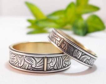 Wedding Band Set Sterling Silver Rings 10K Gold Sunflower Wedding Ring Set Womens Wedding Band Mens Wedding Band Womens Wedding Ring Gold