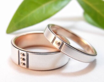 Handmade Sterling Silver Wedding Band Set, 14k Rose Gold Inlay