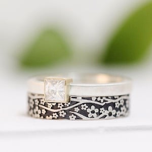 Engagement Ring Square Diamond-Alternative Moissanite Engagement Silver 14k Yellow Gold Ring Conflict Free Cherry Blossom Wedding Band Set
