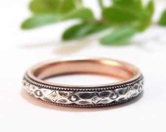 Skinny Wedding Band Womens Wedding Band Sterling Silver Wedding Rose Gold Wedding Womens Wedding Ring Womens Ring Thin Narrow Floral Wedding