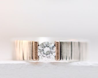 Moissanite Engagement Ring: Sterling Silver Winter Birch Bark Band, Rose Gold Setting