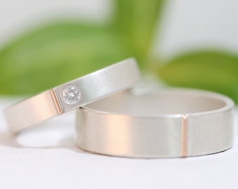 Moissanite Sterling Silver Wedding Band, Rose Gold Accent