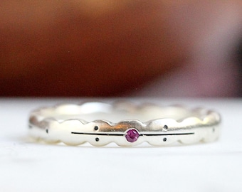 Handmade Sterling Silver Stacking Ring, Tattoo Inspired Band with Rubies