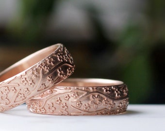 Rose Gold Wedding Band Mens Wedding Ring Womens Wedding Band Womens Wedding Ring Cherry Blossoms Domed Half Round Gold Wedding Ring