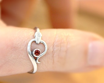Sterling Silver Snake Ring with Garnet Apple - Garden of Eden