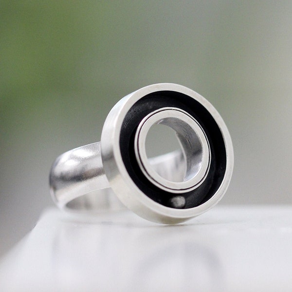 Sterling Silver Track Ring, Artisan Brass Ball Bearing