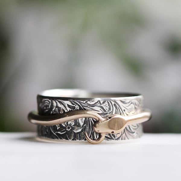 Silver Spinner Ring Snake Ring Ouroboros Ring Sterling Silver Mens Ring Womens Ring Snake in the Grass Ring Adam and Eve Statement Ring