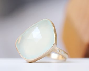 Green Chalcedony Ring / Gold Moissanite Cocktail Ring / 14k Yellow Gold / Statement Ring / Bold Ring / Asymmetrical AURUM