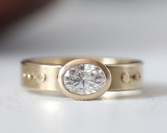 Oval Moissanite Ring, Chunky 14k Yellow Gold, Alternative Engagement Ring