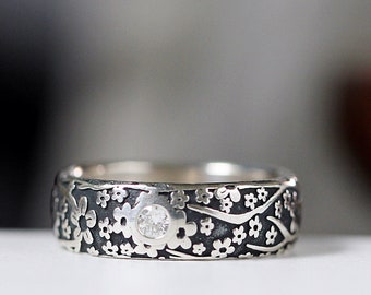 Sterling Silver Diamond Wedding Band - Cherry Blossom Floral Ring