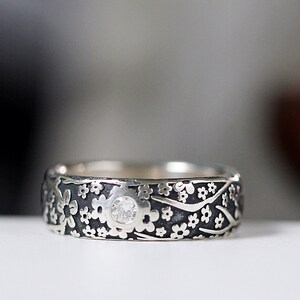 Diamond Engagement Ring Silver Wedding Ring Wedding Band Diamond Ring Moissanite Ring Cherry Blossoms Opposites Attract Womens Wedding Band