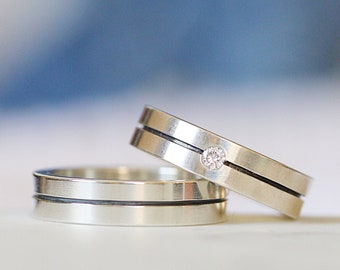 Mens Wedding Band Set Womens Wedding Ring Set Diamond Engagement Ring Silver Wedding Ring Womens Wedding Band Bauhaus Mens Wedding Ring