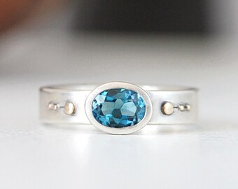 Oval London Blue Topaz Ring, Sterling Silver Chunky Band, Gold Accents