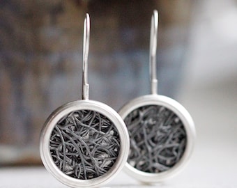 Silver Earrings Round Earrings Handmade Grey Gray Earrings PVC Resin Earrings Dangle Earrings Tangle Earrings Gifts For Her Modern Earrings