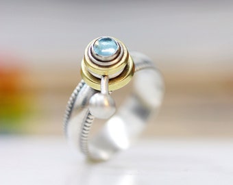 Celestial Sterling Silver Ring with Blue Topaz & Orbiting Moon