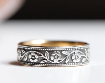 Floral Silver and Gold Wedding Band - Affordable Sterling Petunia Ring