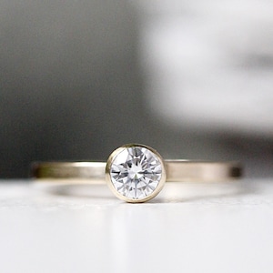 Diamond Engagement Solitaire Ring, Round Diamond Ring, Modern Engagement 14k Yellow Gold Ring, Engagement Band, Conflict Free Moissanite image 1