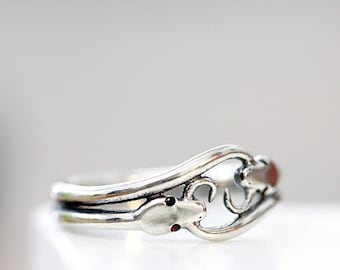 Silver Snake Ring Double Ouroboros Ring Statement Ring Sterling Silver Ring Snake Ring Men Ring Womens Ring Ring Reptile Ring GARNET EYES