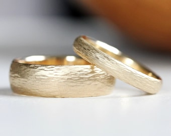 Hammered 14k Yellow Gold Wedding Band, Modern Domed Ring