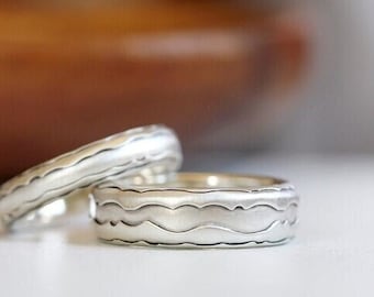 Unique Handmade Layered Wedding Bands / Handcrafted Art Wedding Bands / Sterling Silver Affordable Wedding Ring Set