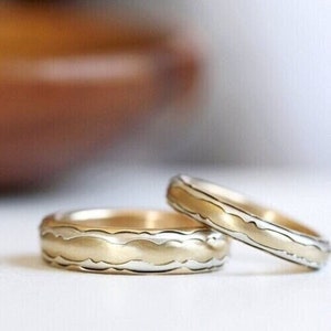 Unique Handmade Layered Wedding Bands / Handcrafted Art Wedding Bands / Silver and Gold Mixed Metal Wedding Ring Set