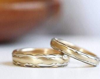 Unique Handmade Layered Wedding Bands / Handcrafted Art Wedding Bands / Silver and Gold Mixed Metal Wedding Ring Set