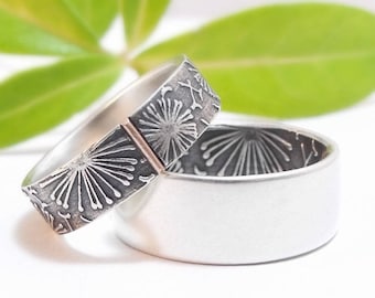 Womens Wedding Ring Set Womens Wedding Band Set Dandelion Wedding Silver Wedding Band Sterling Silver Mens Wedding Band Mens Wedding Ring