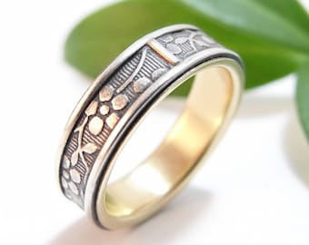 Sterling Silver Gold Wedding Band Set Womens Wedding Band Mens Wedding Band Womens Wedding Ring Set Mens Wedding Ring Aloha Floral Ring