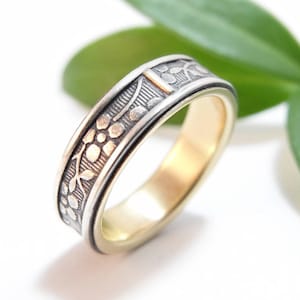 Sterling Silver Gold Wedding Band Set Womens Wedding Band Mens Wedding Band Womens Wedding Ring Set Mens Wedding Ring Aloha Floral Ring image 1