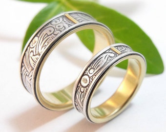 Gold Wedding Band Set Sunflower Wedding Ring Set Silver Wedding Band Womens Wedding Band Mens Wedding Band Womens 18k Gold Wedding Ring