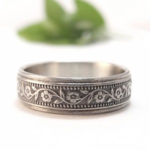 Womens Wedding Band, Mens Wedding Ring, Floral Wedding Band, White Gold Women's Wedding Ring, Men's Wedding Band, Petunia Wide Wedding Band image 1