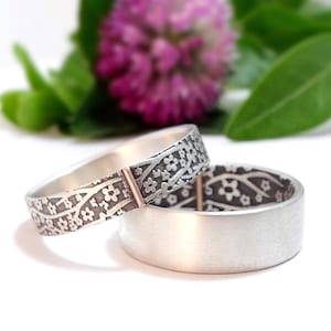 Cherry Blossom Sterling Silver Wedding Bands with 14k Gold Tabs