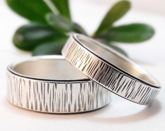 Winter Bark Sterling Silver Wedding Band Set, Hammered Texture