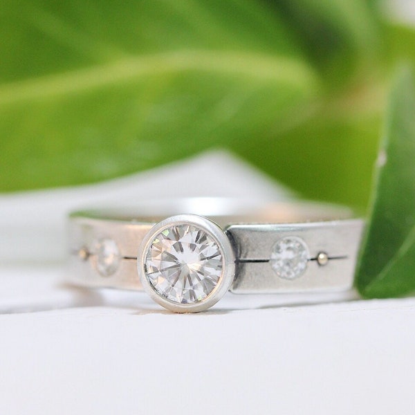 Moissanite Engagement Ring Diamond Engagement Ring Three Stone Ring Engagement Band Conflict Free Ethically Sourced Round Stone