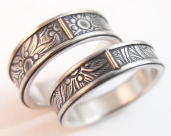 Sunflower Sterling Silver Wedding Band Set, 14k Gold Detail