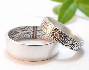 Sterling Silver Wedding Band Set: Sunflower Floral, 14k Rose Gold Accent