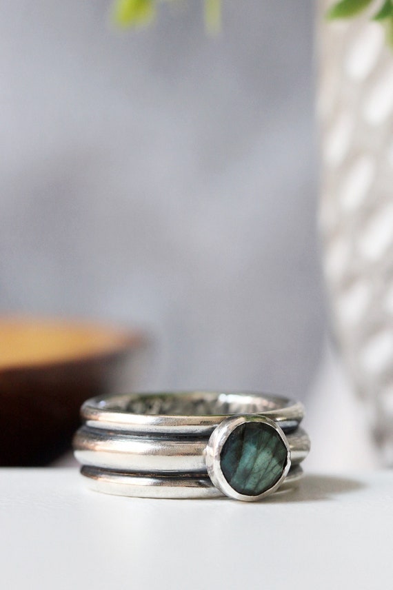 Silver Statement Ring Handmade Womens Ring Secret Garden Green Stone Blue Stone Labradorite Ring Wide Band Womans Ring Womens Silver Ring