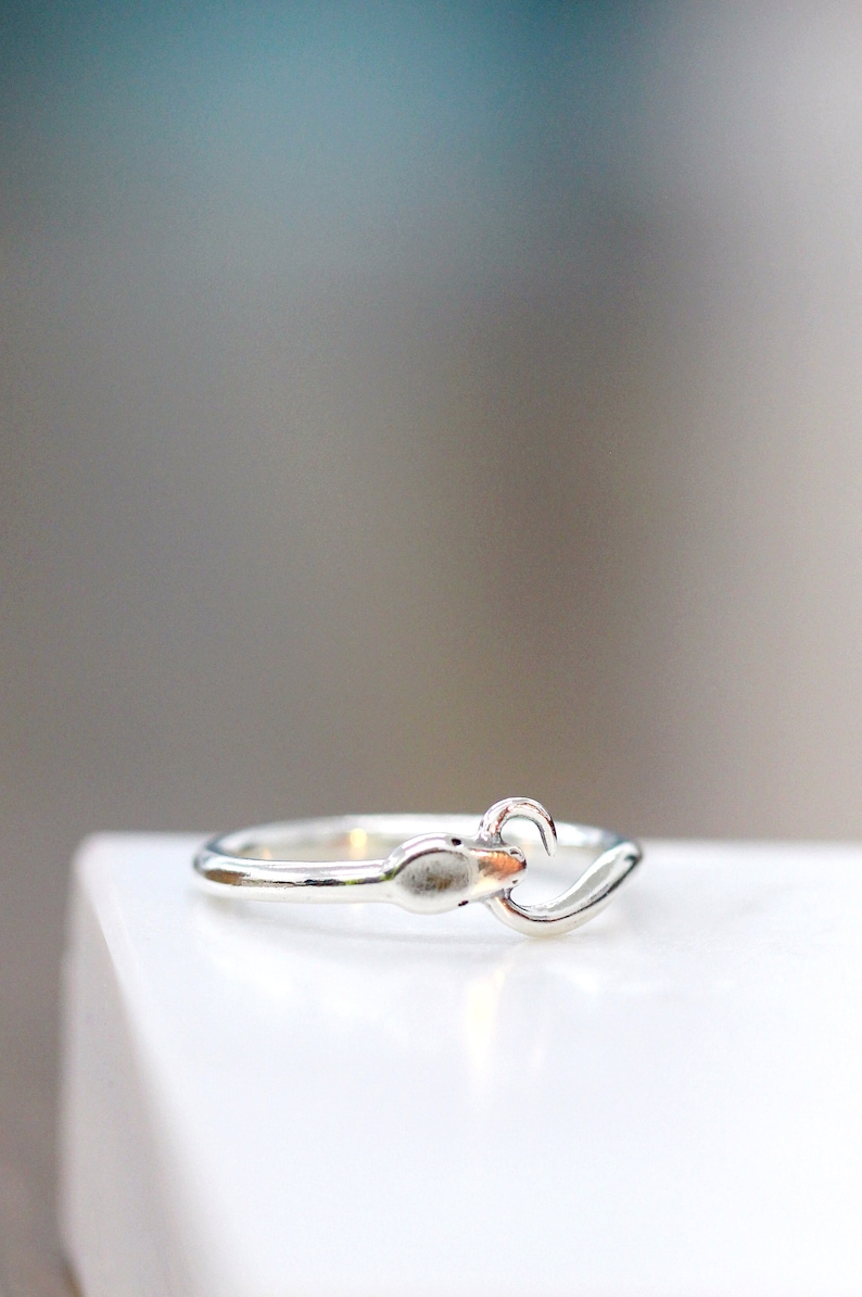 Puede incluir: Un anillo de plata con un dise&ntilde;o de serpiente. La serpiente est&aacute; enroscada con la cola en la boca.