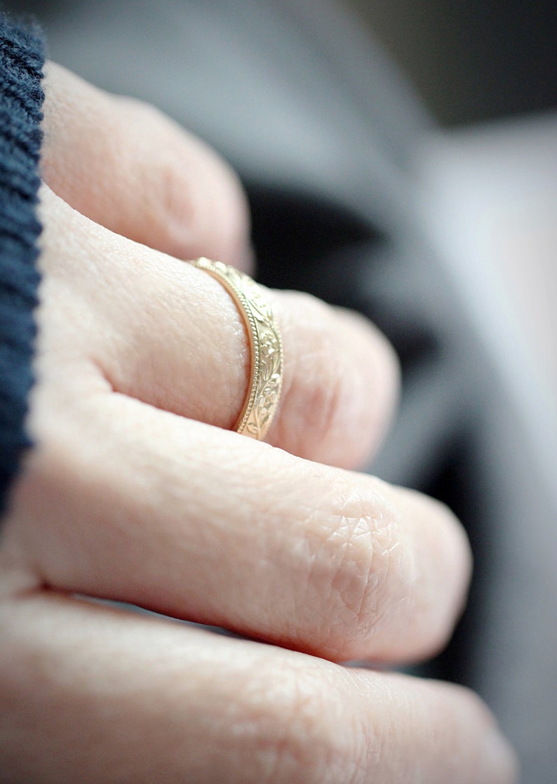 Floral Wedding Band / Vintage Look Wedding Ring / Womens Wedding Band / Romantic Wedding Band 14k Yellow Gold / Skinny Stacking Ring Petunia image 7