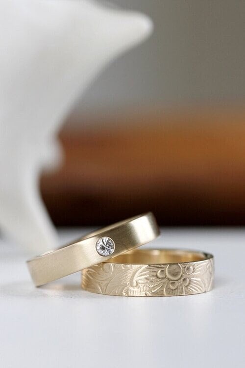 Sunflower Two Ring Set / Modern Solid Gold Engagement and Wedding Ring Set / Minimalist Alternative 14k Yellow Gold Handmade Wedding Bands