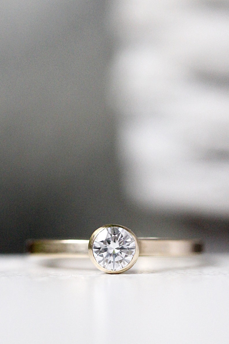 Diamond Engagement Solitaire Ring, Round Diamond Ring, Modern Engagement 14k Yellow Gold Ring, Engagement Band, Conflict Free Moissanite image 1