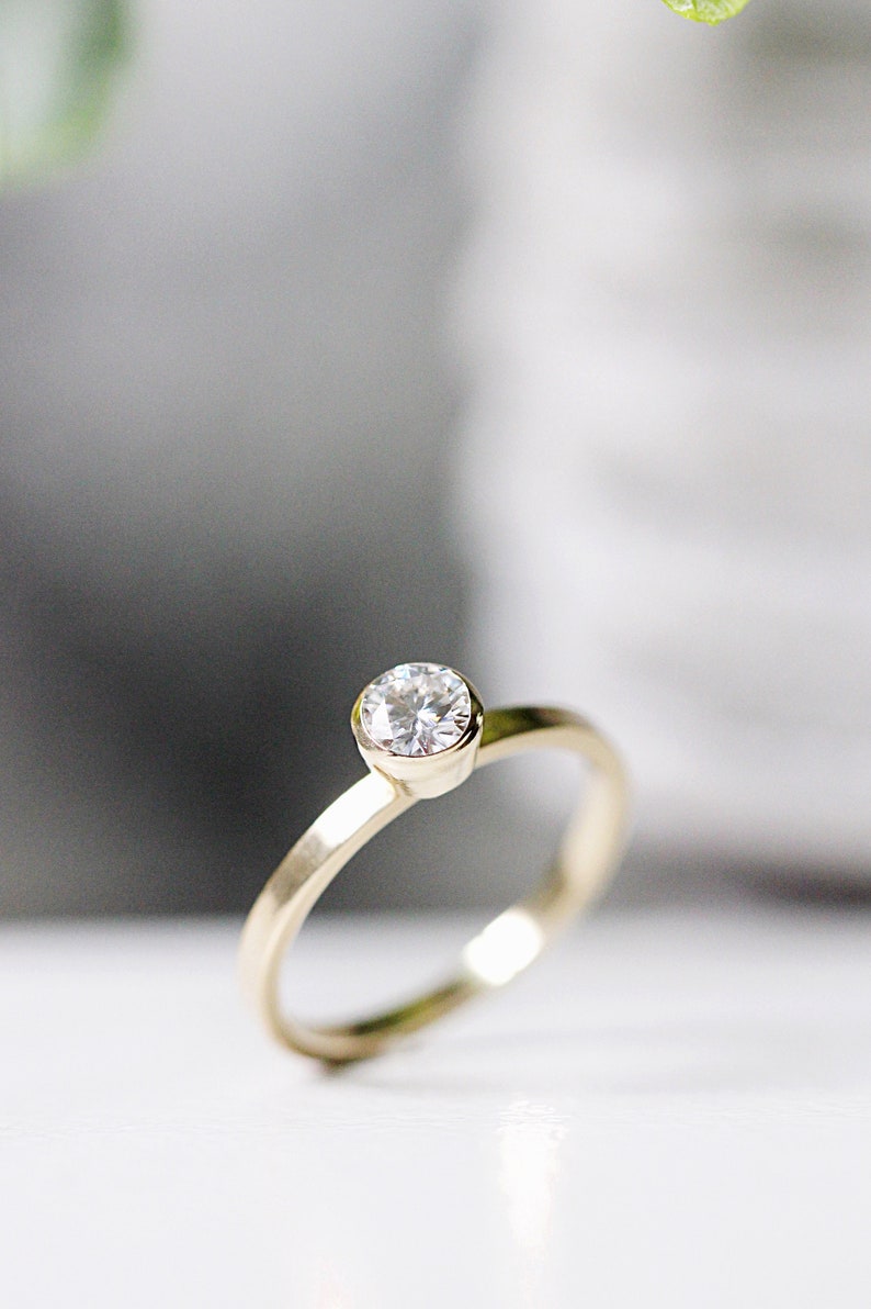 Diamond Engagement Solitaire Ring, Round Diamond Ring, Modern Engagement 14k Yellow Gold Ring, Engagement Band, Conflict Free Moissanite image 3