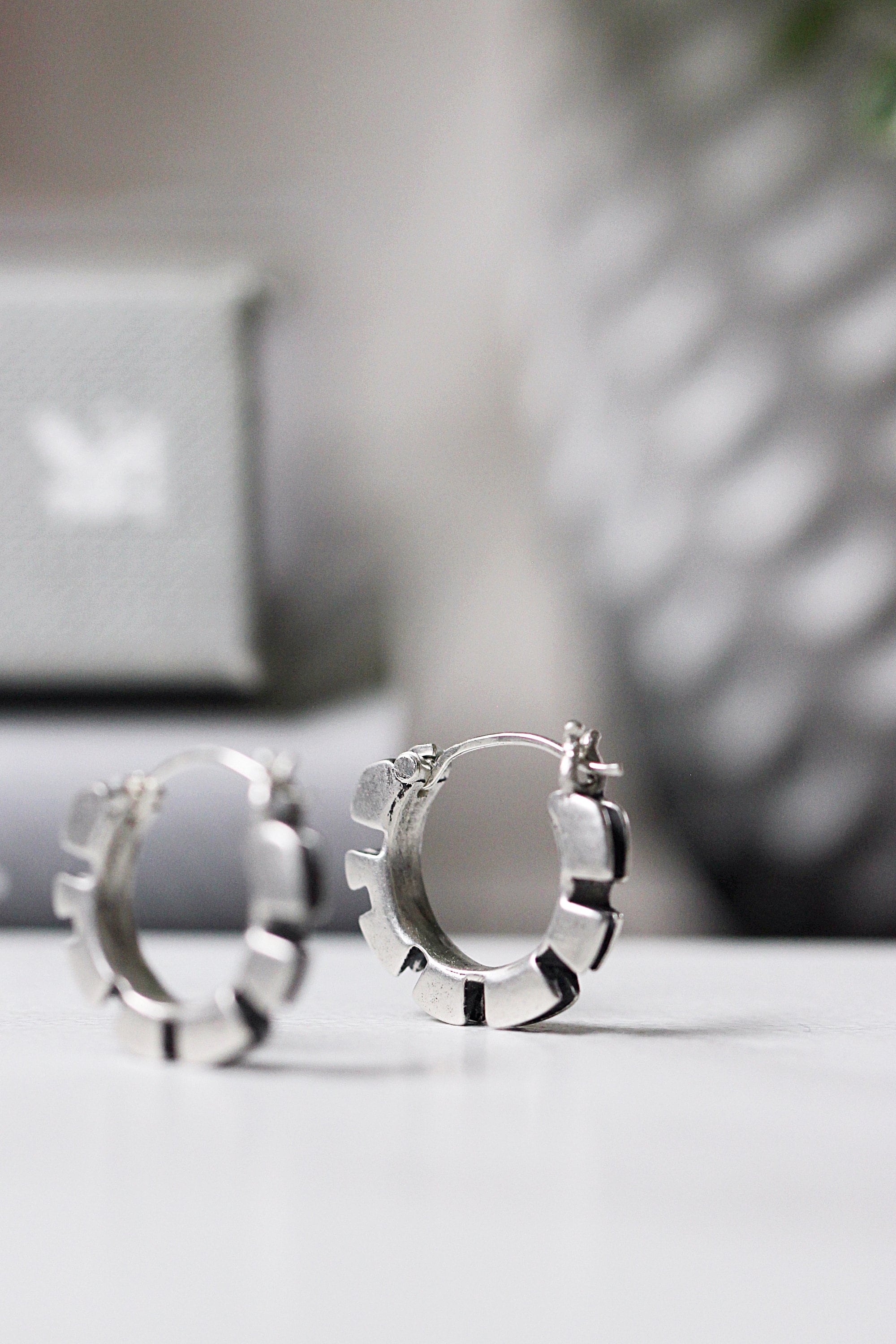 Cog Hoop Huggie Earrings in Sterling Silver / Akan Weight