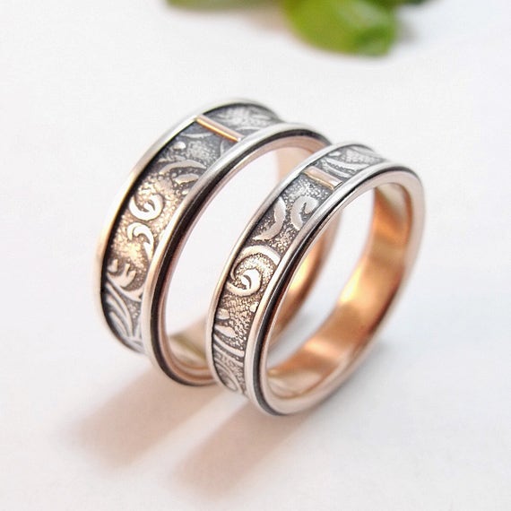 Womens Wedding Band Set Womens Wedding Ring Set Gold Wedding Band Silver Wedding Band Mens Wedding Band Florentine Rose Gold Ring Etsy Australia