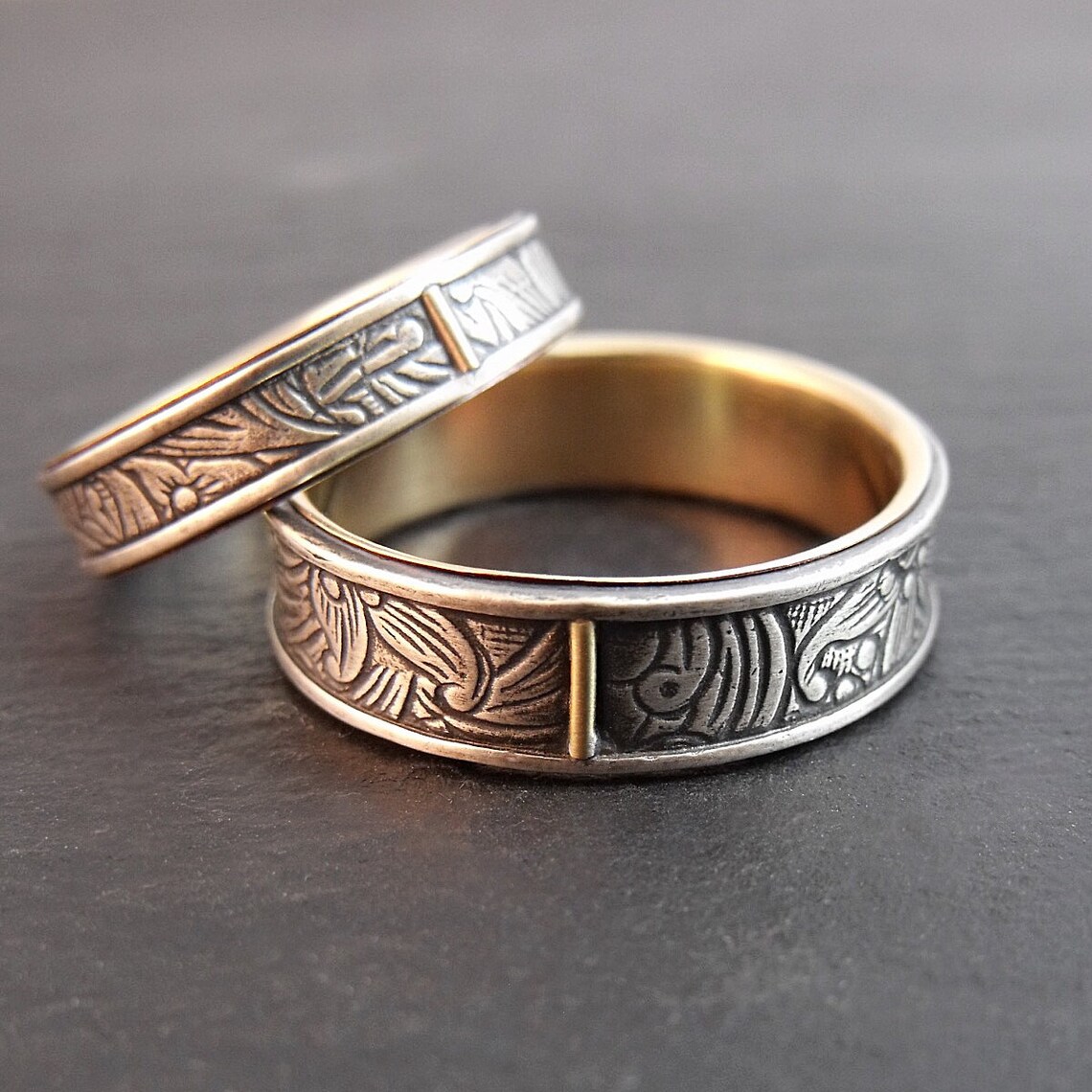 Wedding Ring Set Sunflower Silver and 14k Yellow Gold