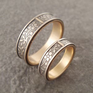 Sterling Silver Gold Wedding Band Set Womens Wedding Band Mens Wedding Band Womens Wedding Ring Set Mens Wedding Ring Aloha Floral Ring image 3