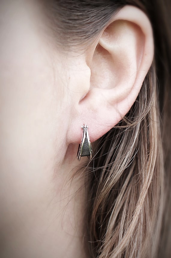 100% 925 Argento Sterling Nero Colore Retrò Orecchini A Cerchio Huggie - Foto 9