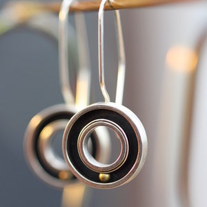 Sterling Silver Round Dangle Earrings / Handmade Kinetic Earrings / Small Fun Track Hoops / Chunky Circle image 6